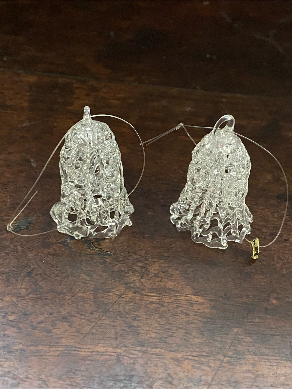 Pair of little glass bell ornaments vintage clear with clear thread hangers